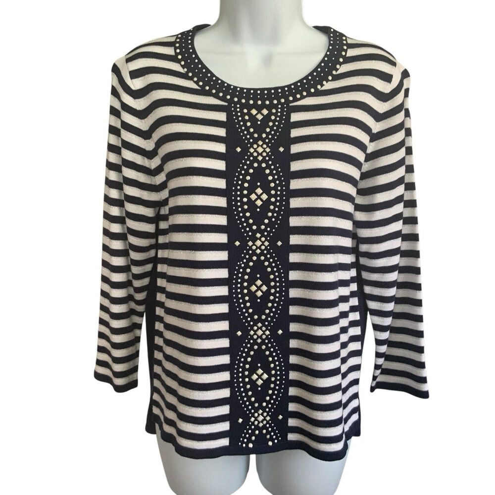 Alfred Dunner Women Striped Sparkle Beaded 3/4 Sleeve Pullover Sweater Petite PS